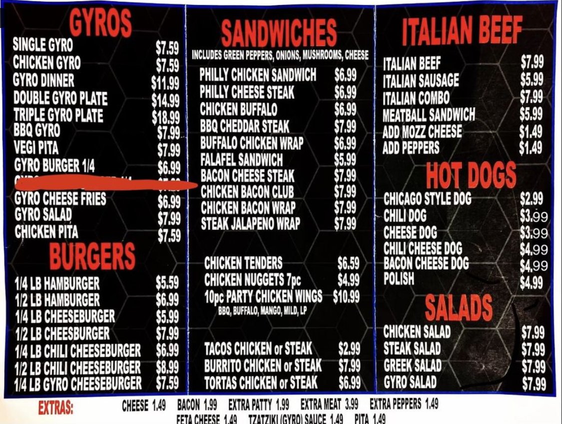 Alex Gyro Loco Full Menu